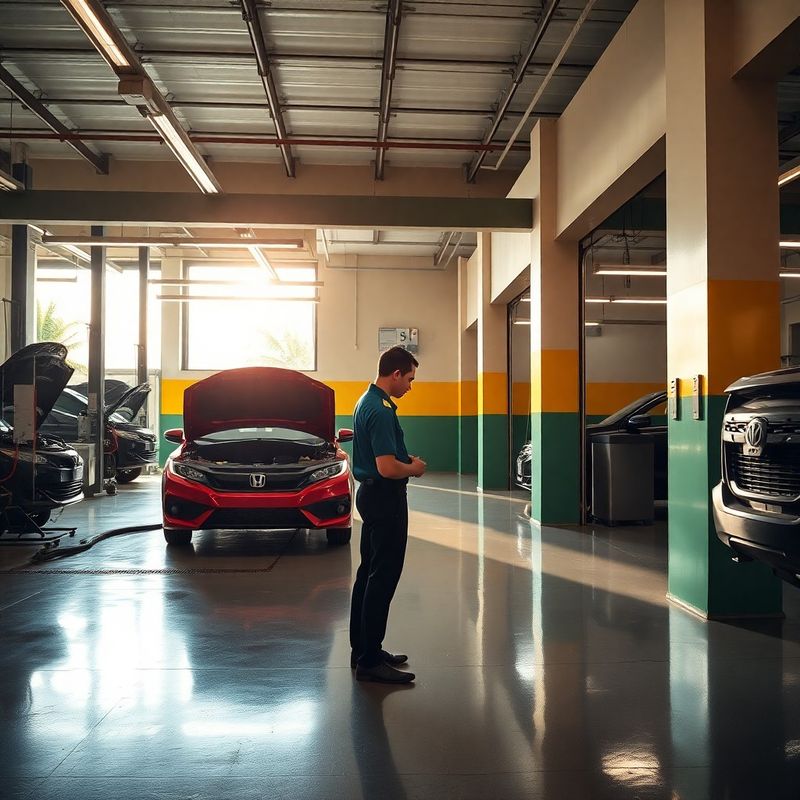 Baias organizadas com paredes stone-mint e mecânico inspecionando motor