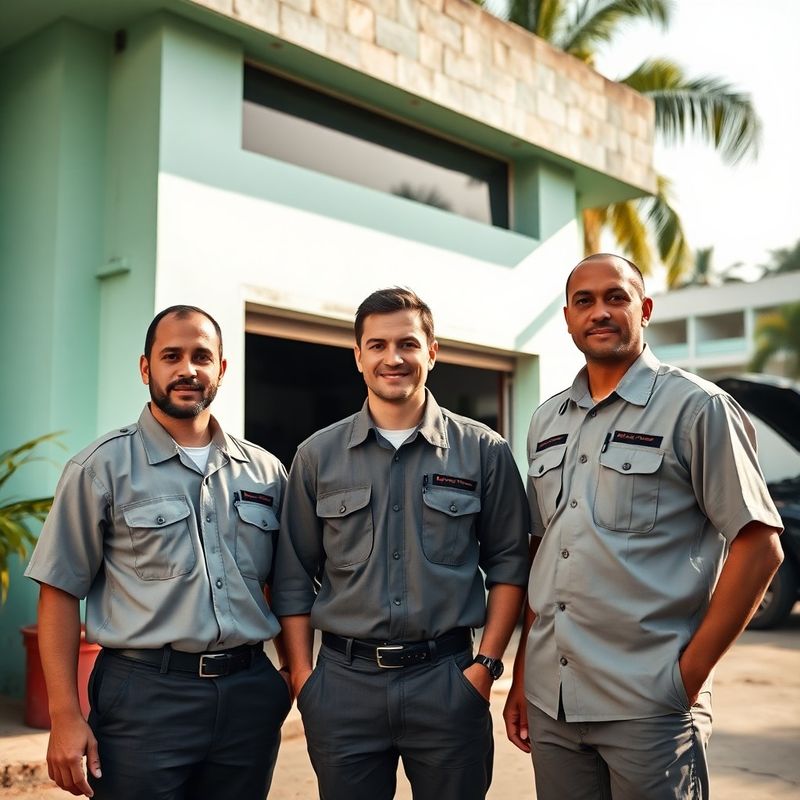 Equipe de mecânicos em frente à fachada stone-mint da oficina em Brasília